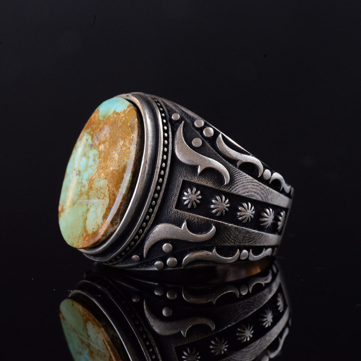 925 Sterling Silver Men's Ring with Natural Arizona Turquoise Stone - Vintage Design Handmade Jewelry — 5
