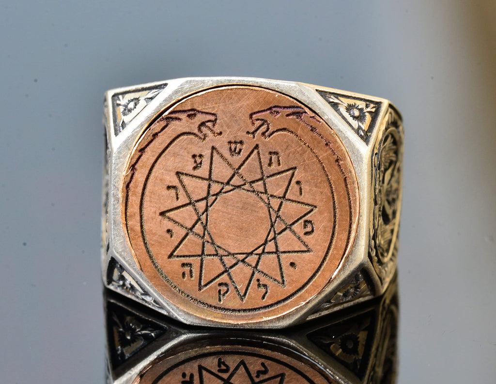 KAMBO Men's Masonic Ring Handmade 925 Sterling Silver Jewish Magic Ring with Double Headed Dragon Design Vintage Stateme