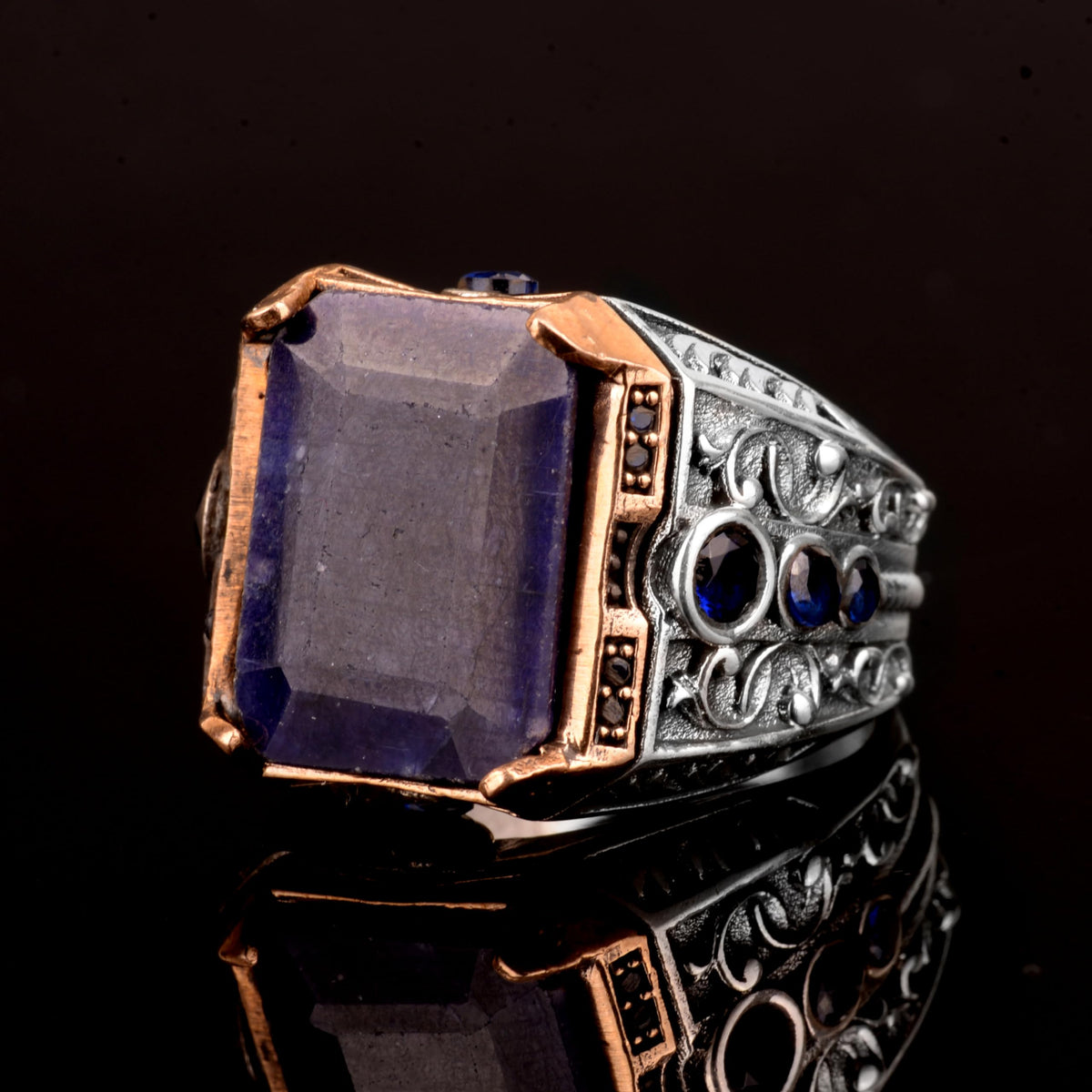 Natural Sapphire Stone Ring, 925 Sterling Silver Men's Ring — 5