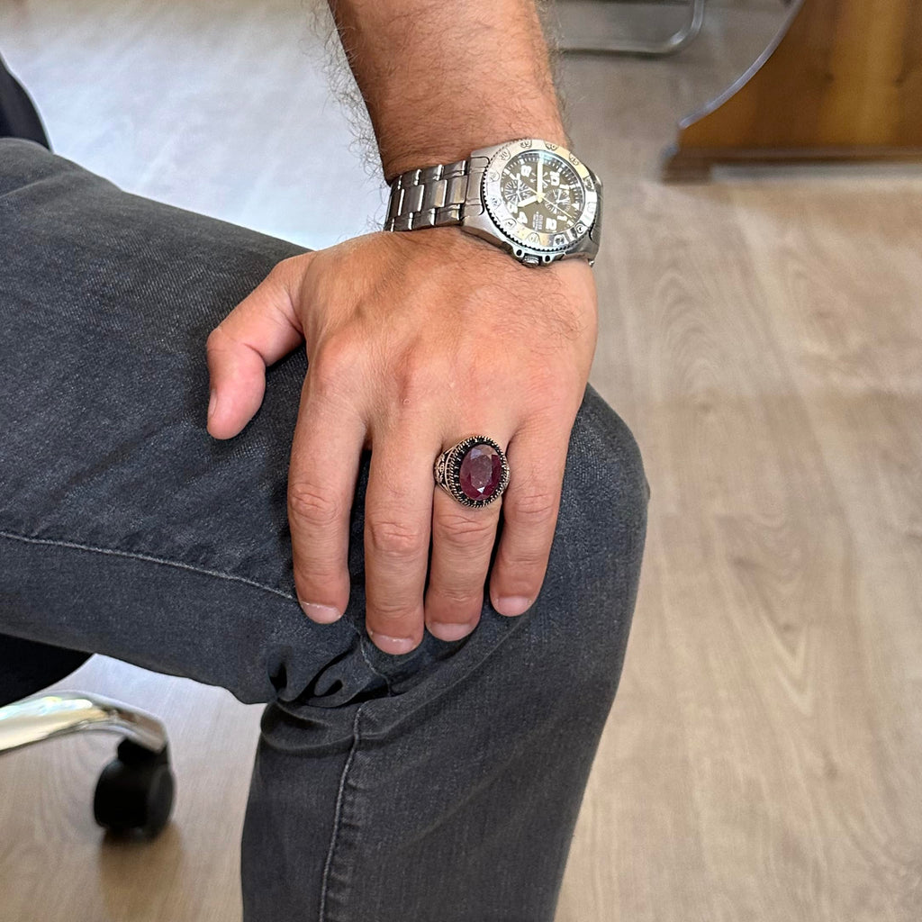 Natural Stone Ring - Handmade Eagle Ring - 925 Sterling Silver (Ruby) — 3