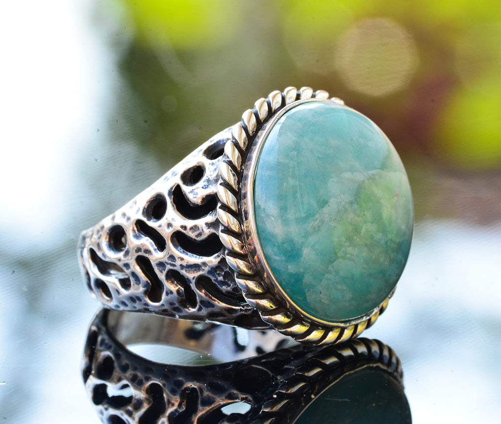 Natural Amazonite Round Stone Ring, Silver Men's Ring — 4