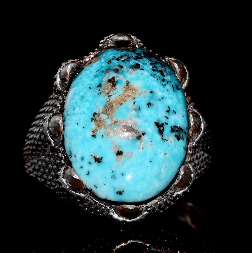 Silver Men's Ring - Arizona Turquoise Natural Stone - Hawk Claw Design (Model-1) — 2