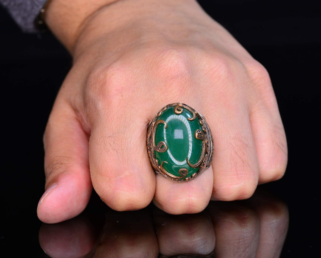 Handmade Silver Men's Ring | Natural Green Jade Stone | Harmony and Peace Design — 7
