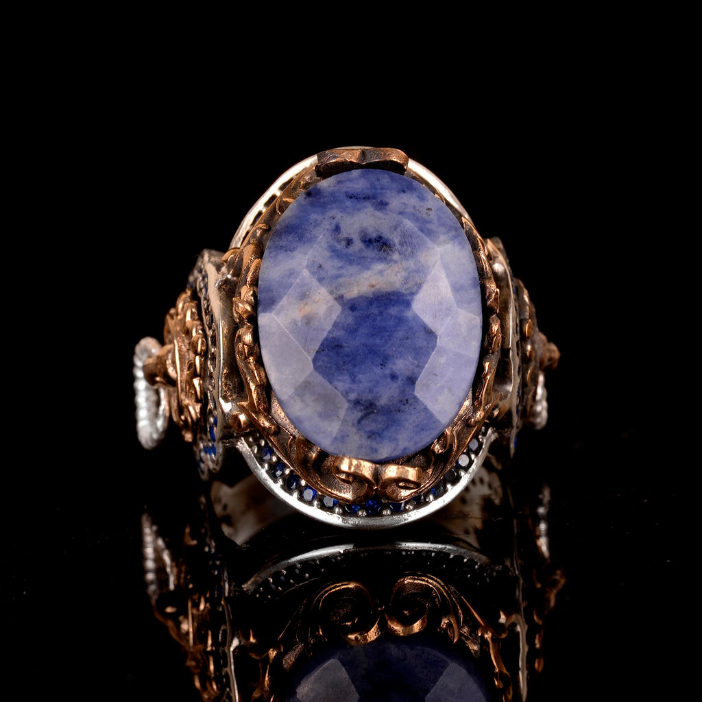 Handcrafted 925 Sterling Silver Men's Ring - Lion Design, Natural Sodalite Stone — 6