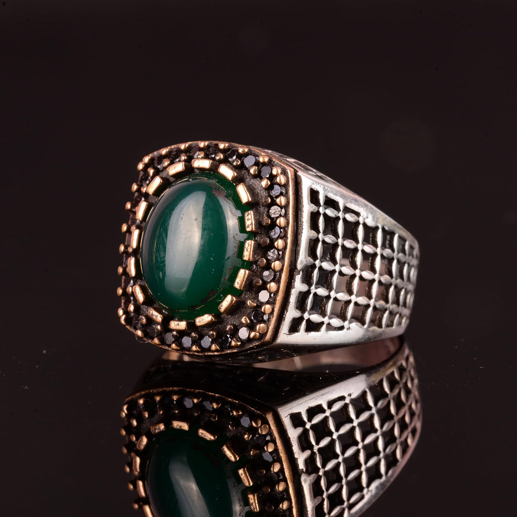 Falcon Jewelry Men's 925 Sterling Silver Ring, Natural Jade Gemstone (10)