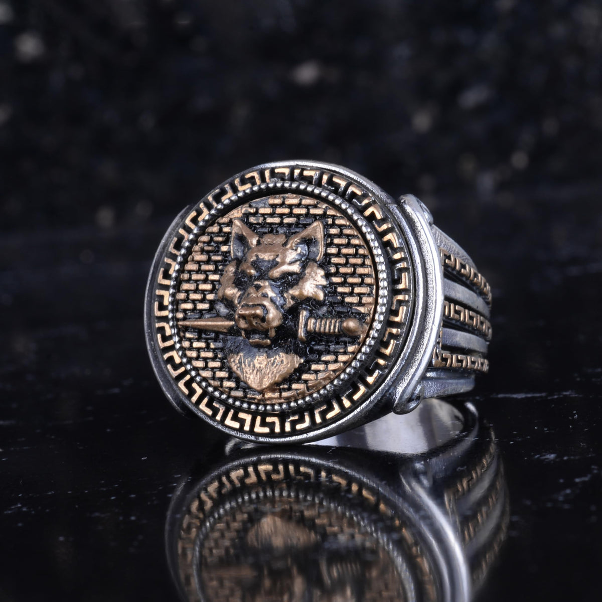 KAMBO Bronze Detailed 925 Sterling Silver Men's Ring Handmade Vintage Symbolic Statement Ring (Wolf Head) — 5