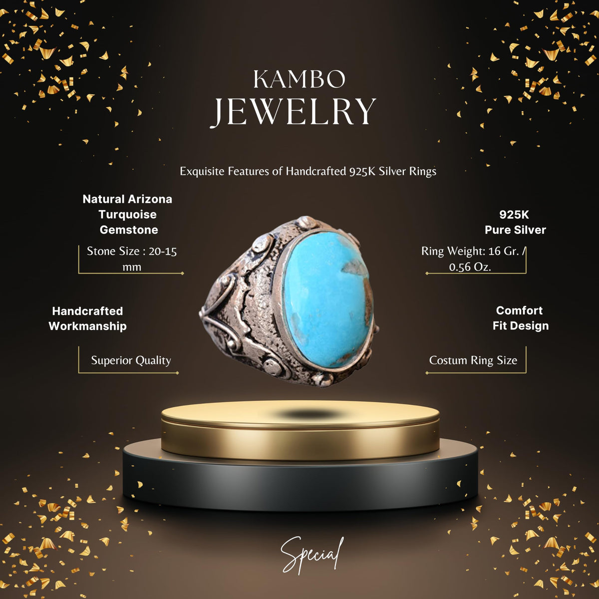 925 Sterling Silver Real Arizona Turquoise Gemstone Byzantium Men's Ring - Genuine Handmade Jewelry (Style-3)