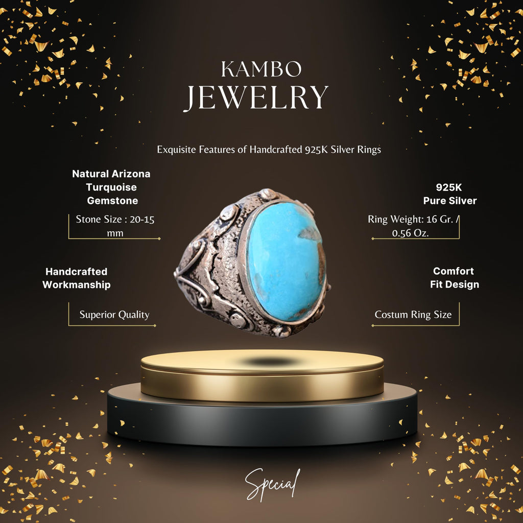 KAMBO 925 Sterling Silver Men's Ring with Genuine Arizona Turquoise Gemstone, Handmade Vintage Byzantium Style-3 Stateme