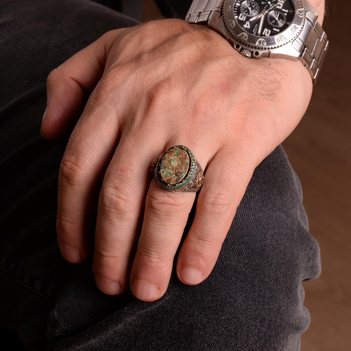 Men's Handmade Real Natural Arizona Turquoise Stone Ring, 925 Sterling Silver Ring — 3