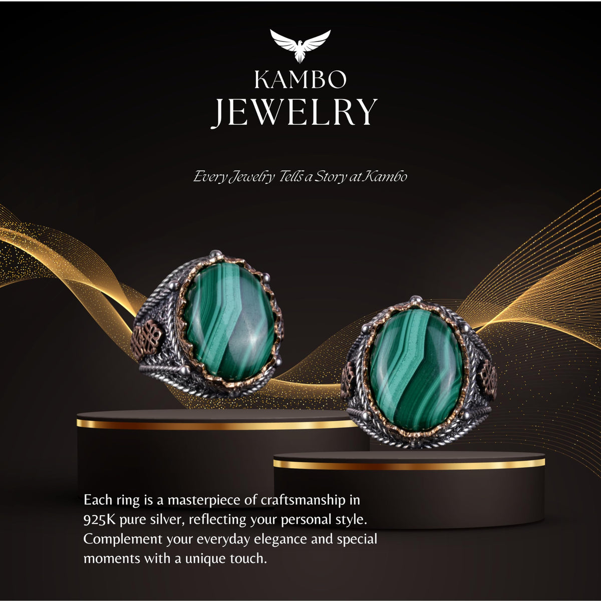 925 Sterling Silver Men's Ring, Natural Malachite Stone Ring — 6
