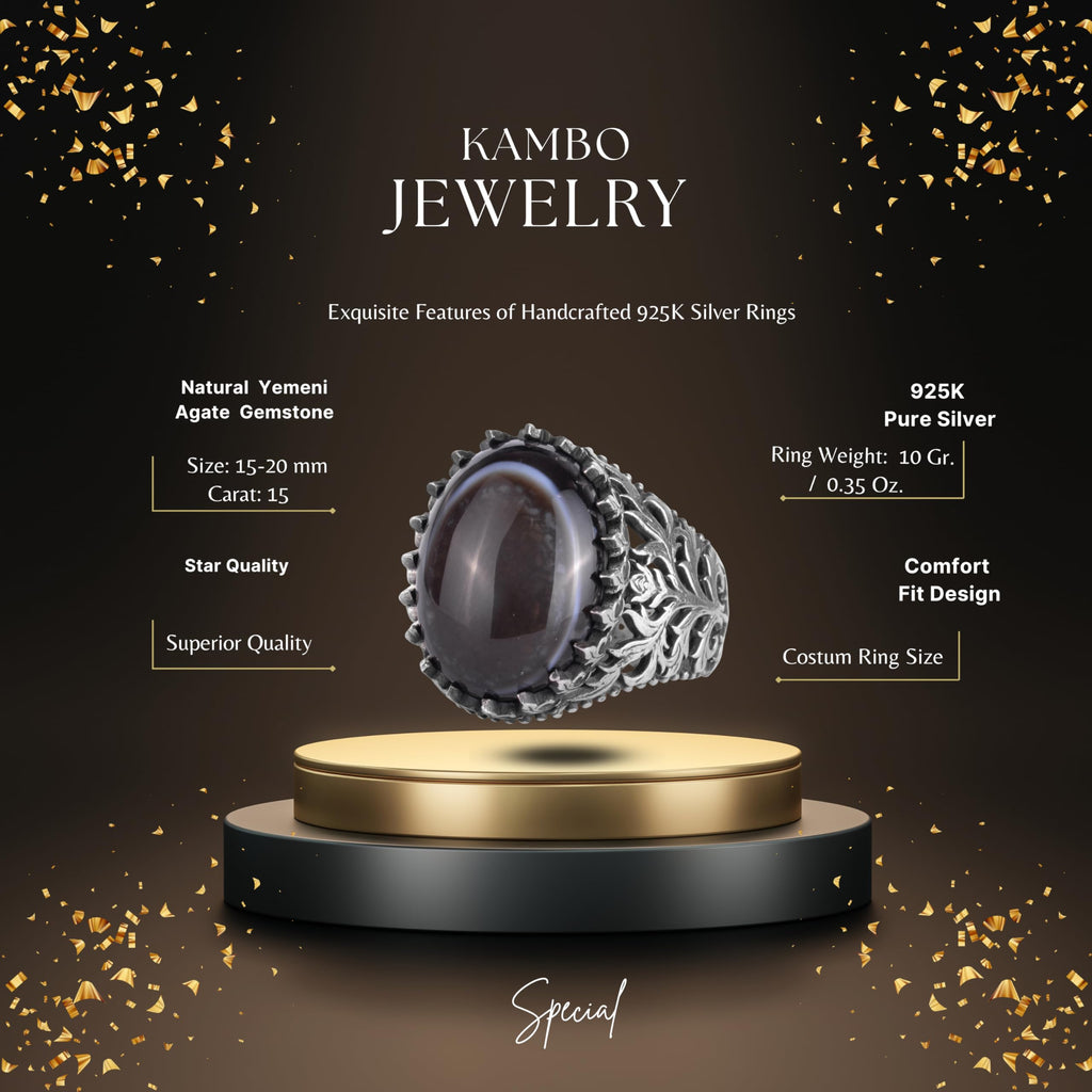 KAMBO Natural Yemen Agate Stone Ring – 925 Sterling Silver Decorative Men's Ring – Handmade Vintage Statement Ring (Yemen Agate-4) — 2