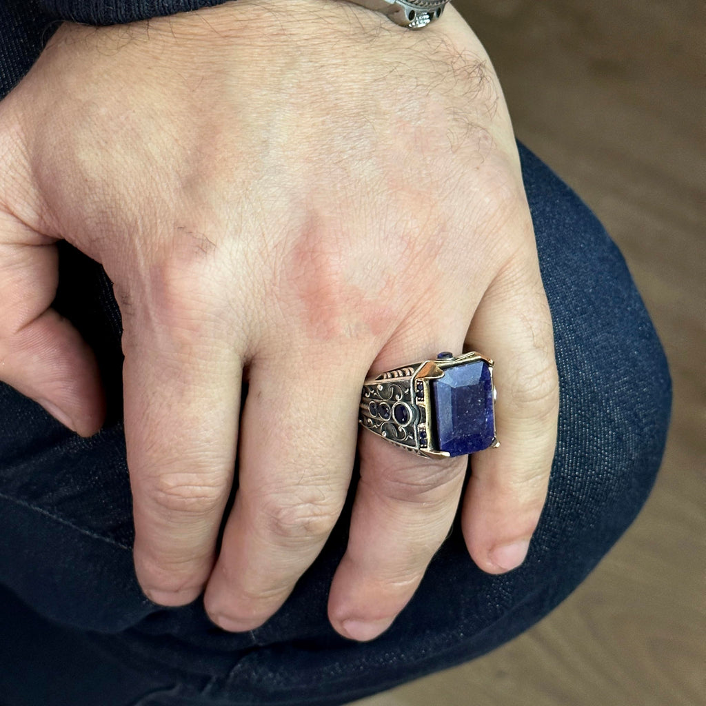 Natural Sapphire Stone Ring, 925 Sterling Silver Men's Ring — 3