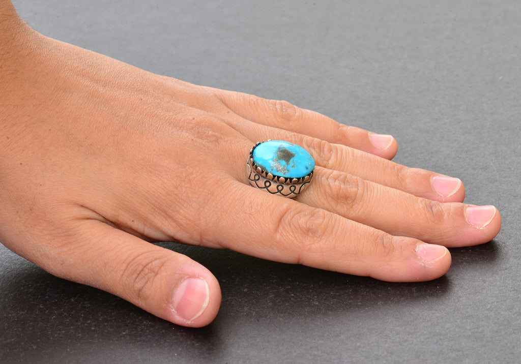 KAMBO Natural Arizona Turquoise Gemstone Minimalist Men's Ring - Silver — 7