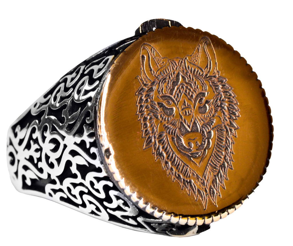 Silver Ring - Wolf Head Design with Gold Detail