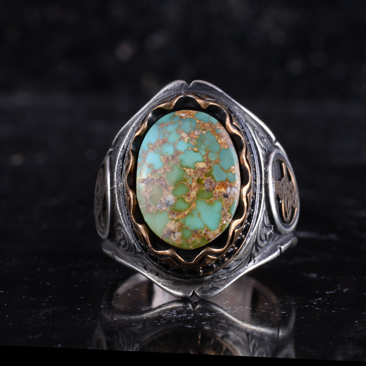 KAMBO Natural Turquoise Stone Ottoman Tugra Men's Ring 925 Sterling Silver – Handmade Statement Ring (Turquoise-4) — 4