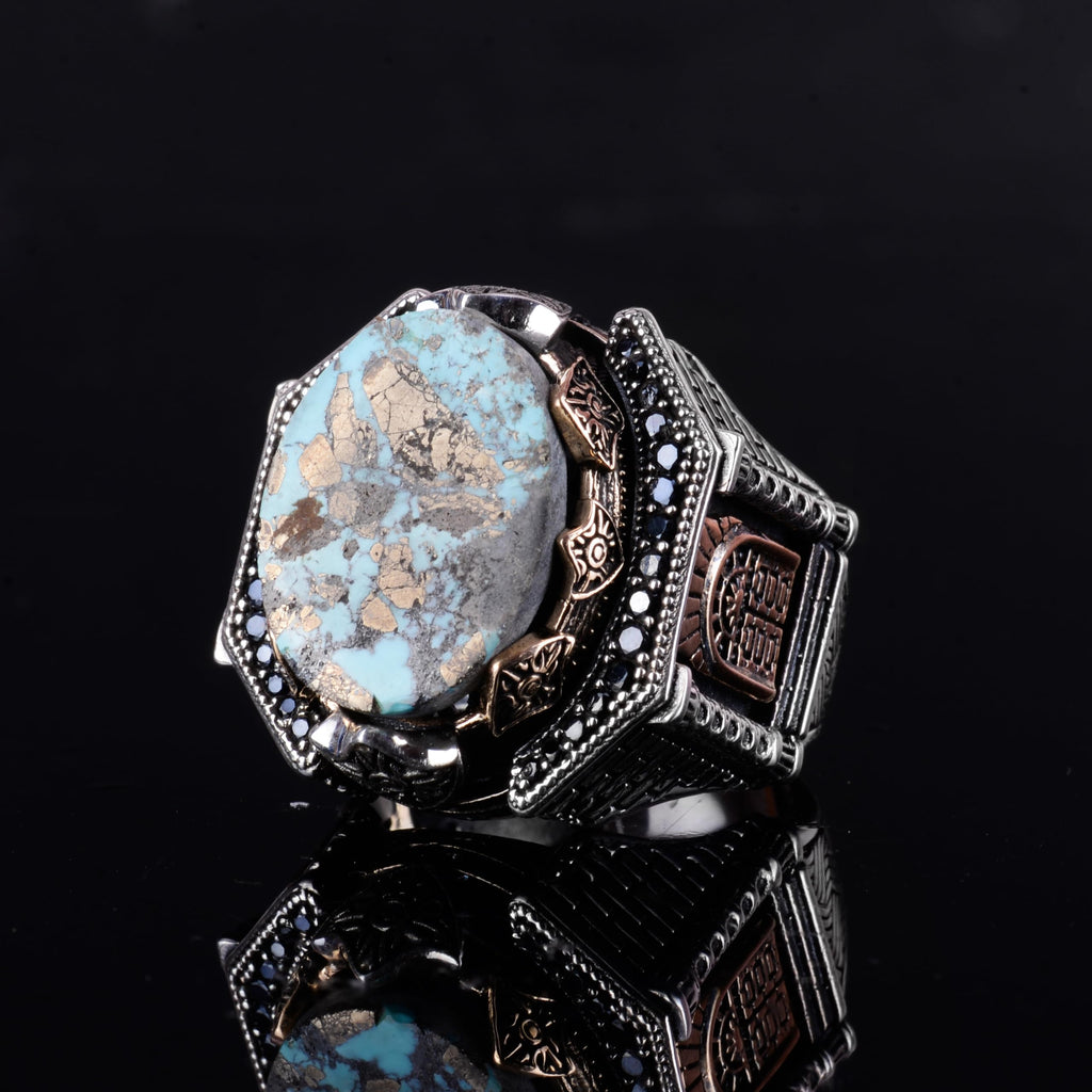 KAMBO Large Natural Stone Ring – 925 Sterling Silver Men's Ottoman Architectural Design (Turquoise-1) — 5