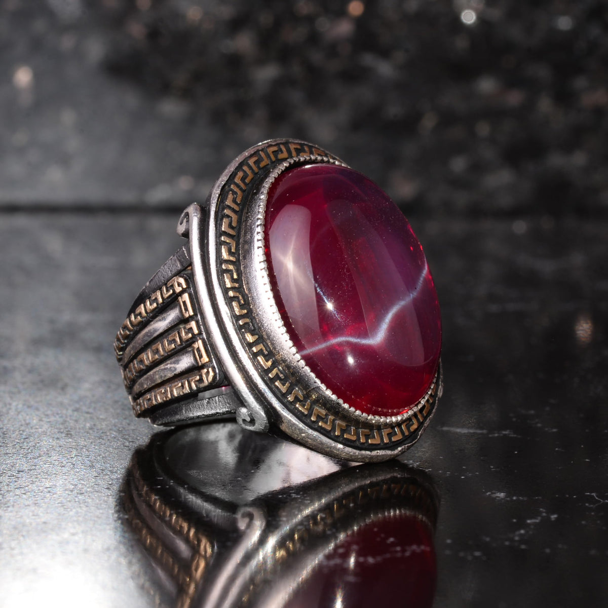 KAMBO Natural Star Ruby Stone Large Men's Ring – 925 Sterling Silver Statement Ring – Handmade Vintage Red Stone Ring — 5