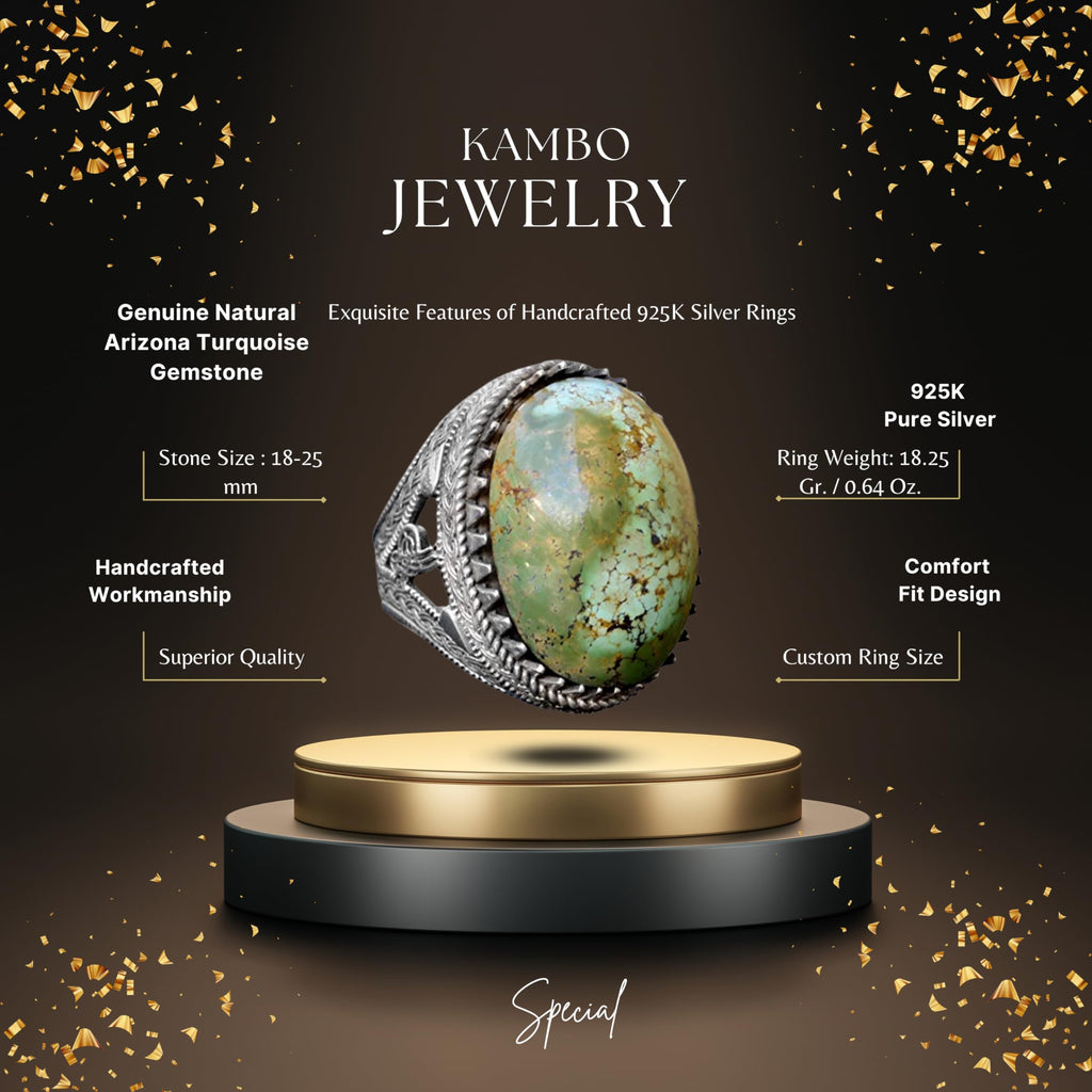 KAMBO Handmade Genuine Natural Arizona Turquoise Gemstone Men's Ring, Ottoman Seal Design, Vintage Statement 925 Solid S