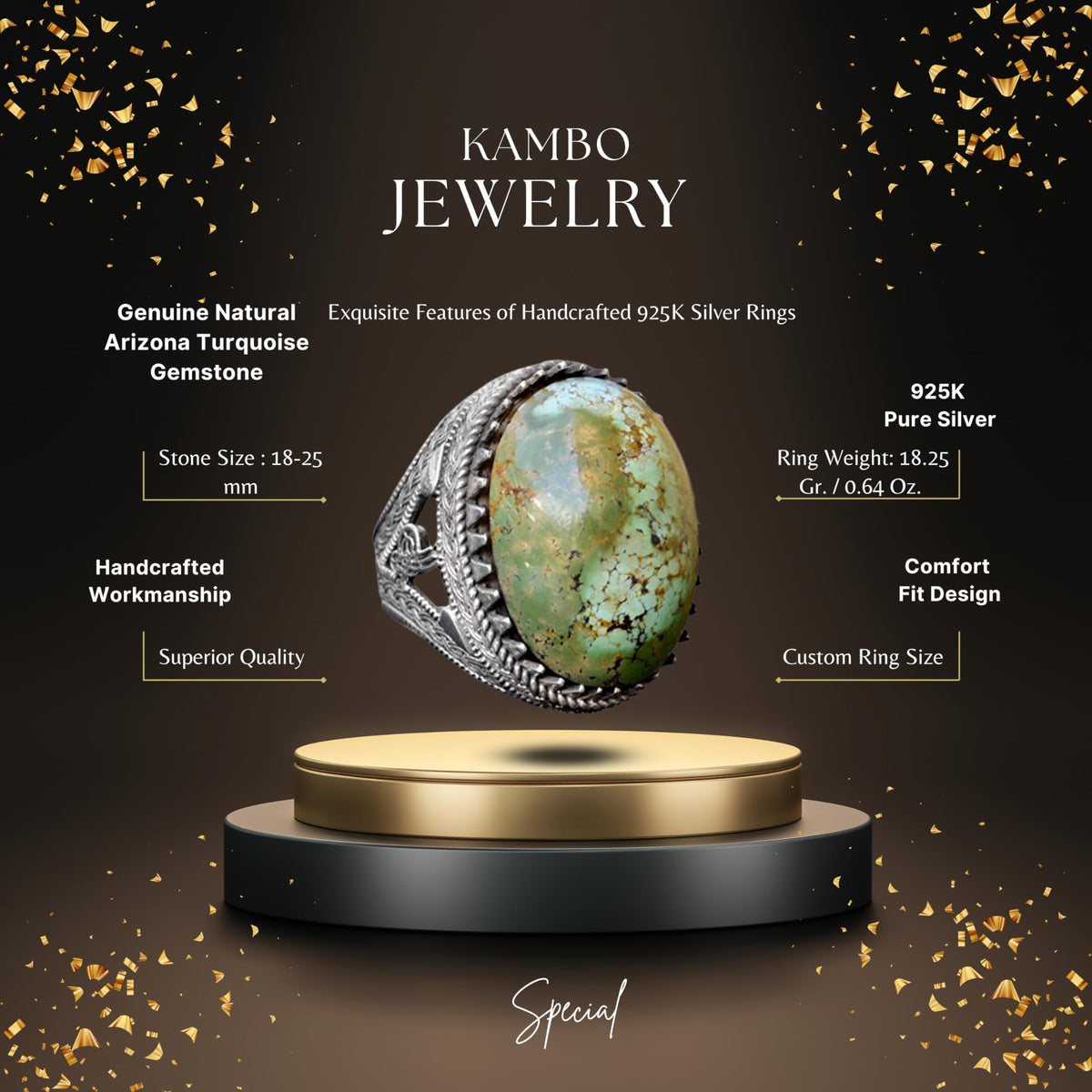 KAMBO Handmade Genuine Natural Arizona Turquoise Gemstone Men's Ring, Ottoman Seal Design, Vintage Statement 925 Solid S