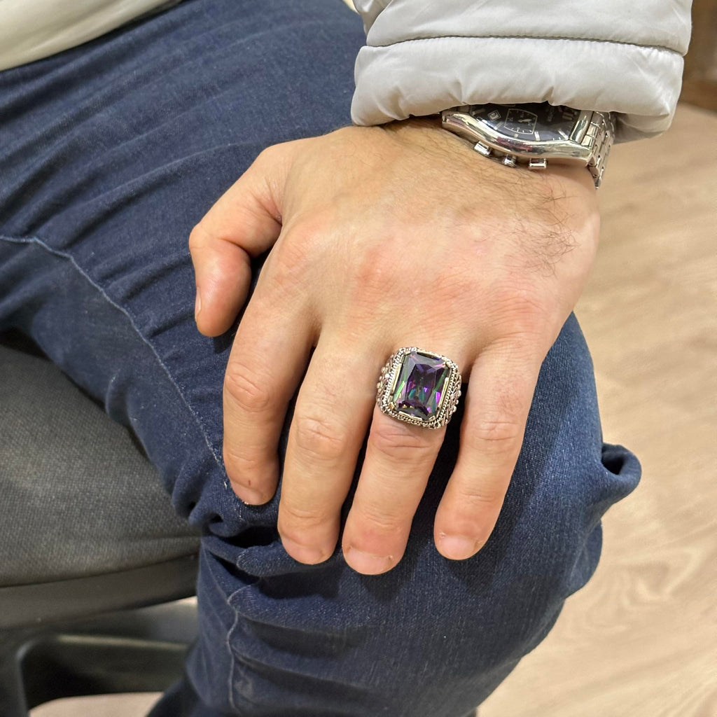 KAMBO Handmade 925 Sterling Silver Men’s Ring with Created Mystic Topaz Stone, Modern Statement Design, Vintage Style, C