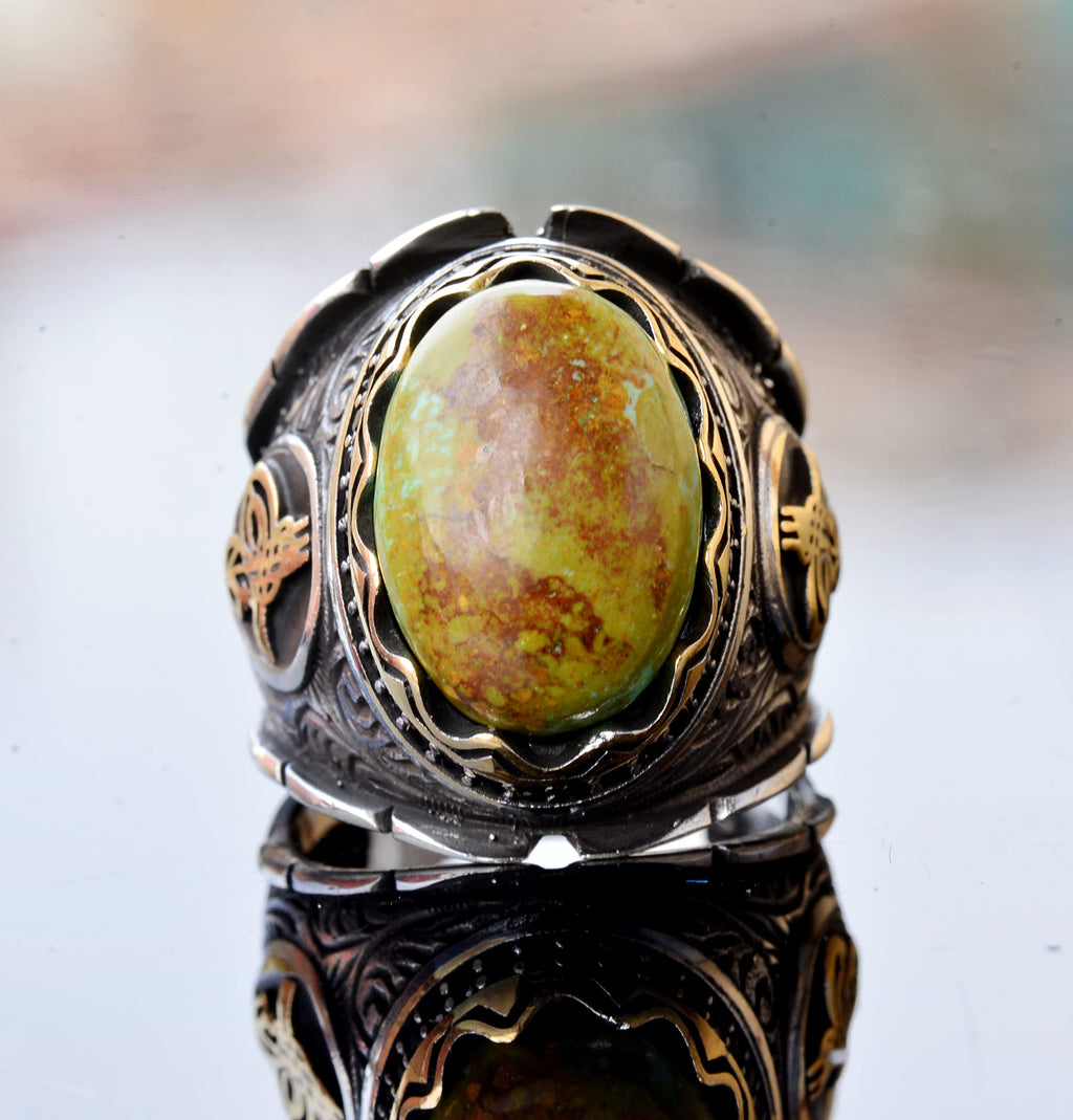 Handmade 925 Sterling Silver Men's Ring - Real Arizona Turquoise Stone Ottoman Design — 2