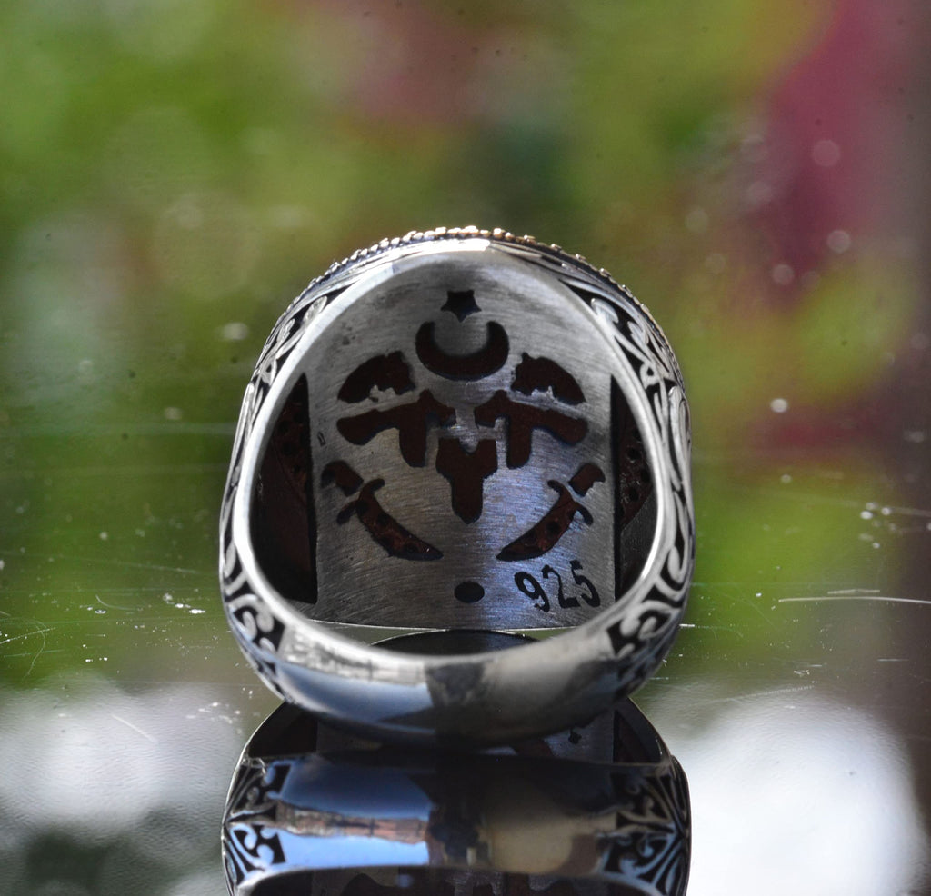 KAMBO Handmade Ottoman Tugra Ring for Men, 925 Solid Sterling Silver Religious Statement Jewelry, Vintage Islamic Design