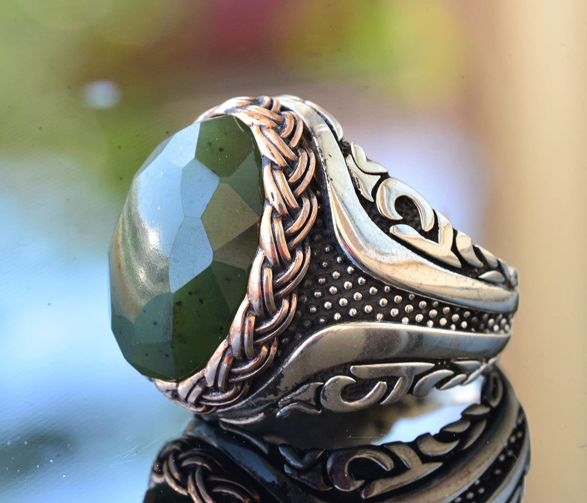 Natural Jade Stone Ring, 925 Sterling Silver Ring — 4
