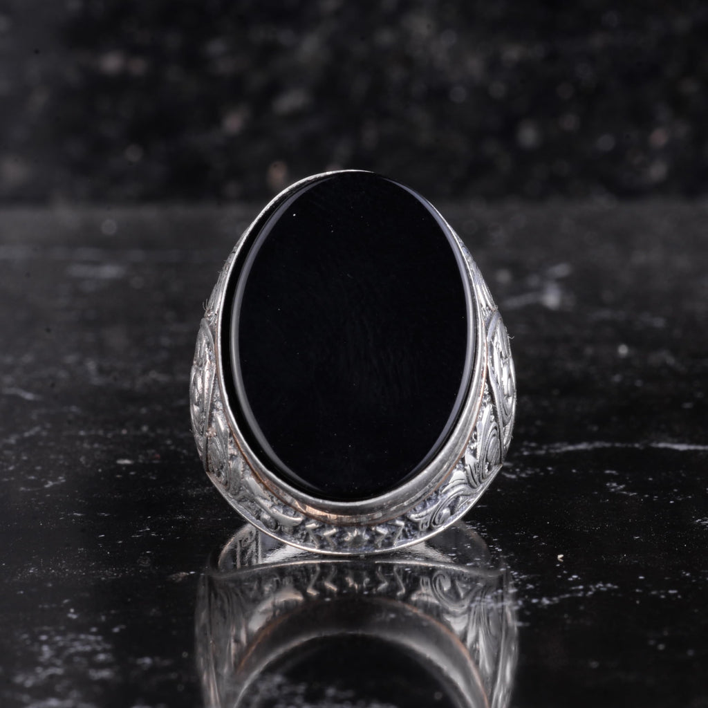 Natural Black Onyx Stone Large Men's Ring - Oval Onyx Stone Ring - 925 Sterling Silver Handmade Ottoman Floral Engraved Ring — 4