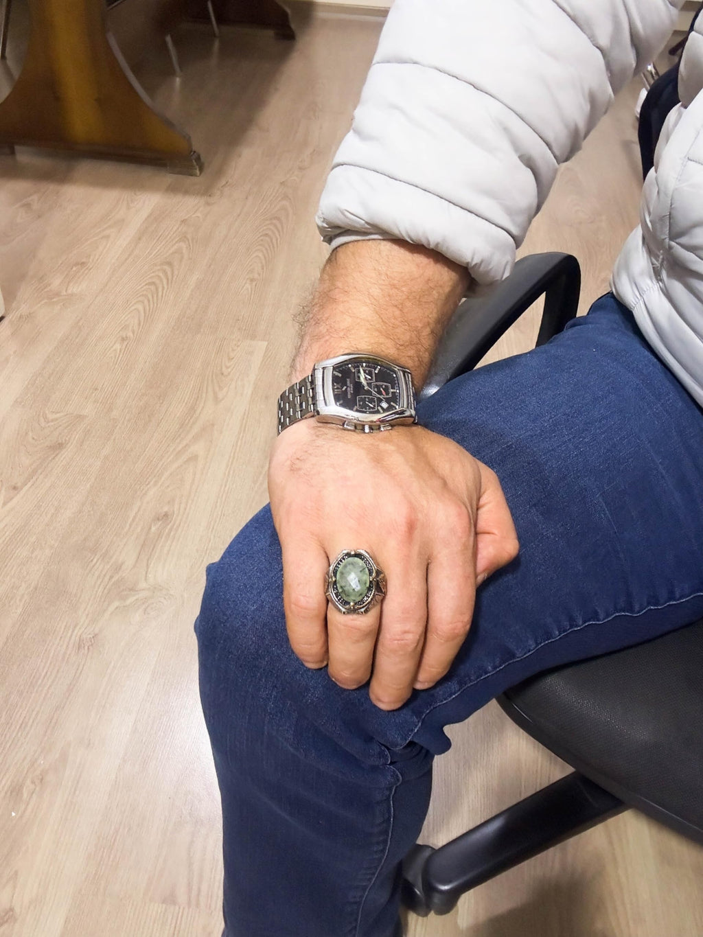 Handmade Prehnite Jade Ring - Healing Themed 925 Sterling Silver Men's Ring - Peace and Wisdom (Model-2) — 3