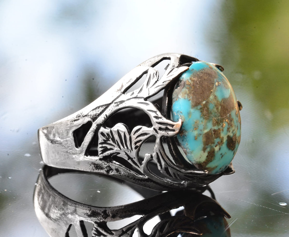 Arizona Turquoise Stone Ring, 925 Sterling Silver Leaf Ring — 4