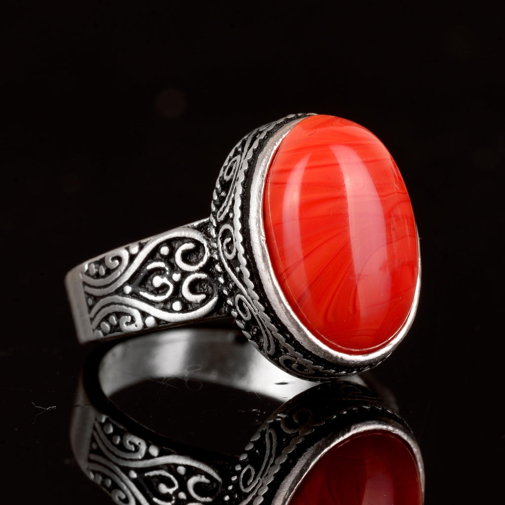 925 Sterling Silver Men's Ring, Natural Stone Ring, Red Coral Stone, Silver Jewelry, Coral Stone Ring — 6