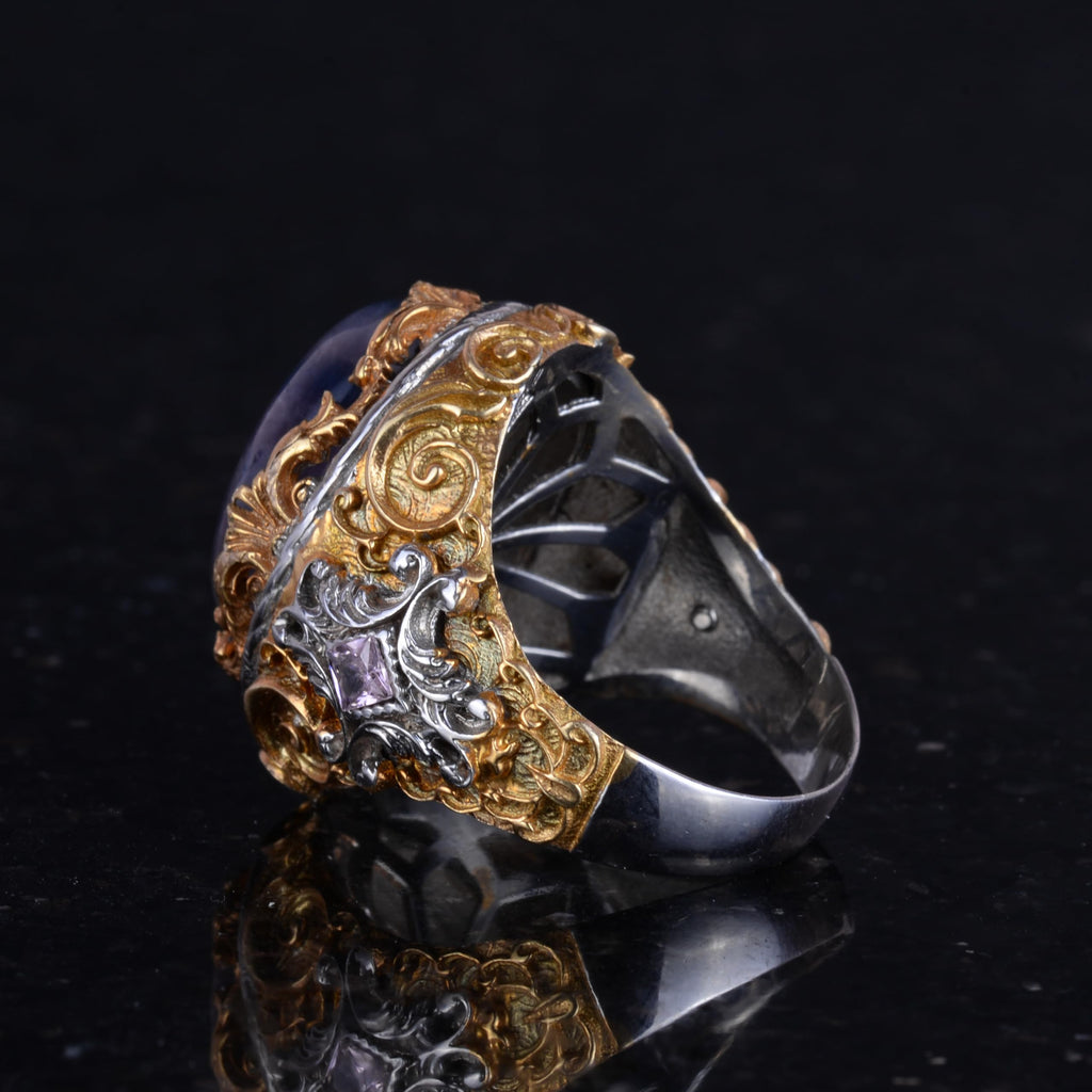 KAMBO Genuine Natural Stone Ring - Men's Sultan Ring - Gold Plated 925 Sterling Silver Ring - Handmade Ring (Fluorite) — 7