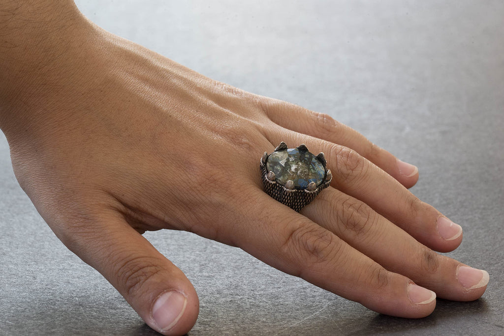 KAMBO Natural Blue Jasper Gemstone Ring, Handmade Claw Ring, Silver Men's Ring — 8