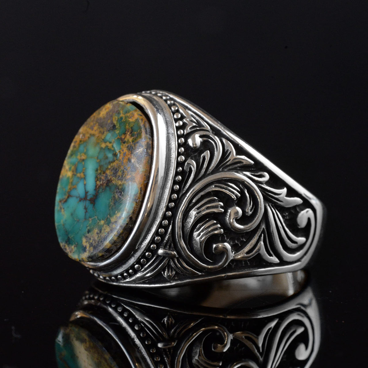 Kambo Natural Arizona Green Turquoise Gemstone Ring, Vintage Design - 925 Sterling Silver Men's Ring, Unique Handcrafted Elegance (Style-3) — 4