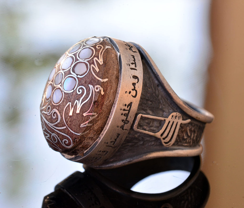 Handmade Walnut Carved Pattern Silver Men's Ring, with Pearl and Decorative Details — 4