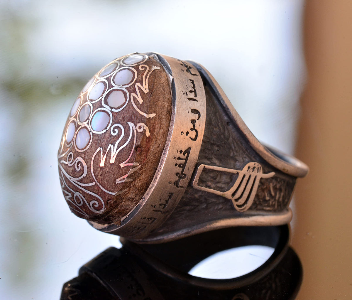 Handmade Walnut Carved Pattern Silver Men's Ring, with Pearl and Decorative Details — 4