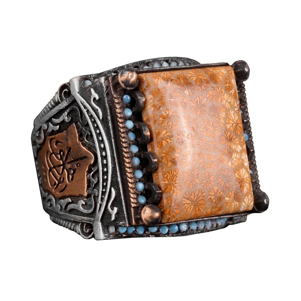 Natural Coral Stone Men's Ring - 925 Sterling Silver Handmade Ring