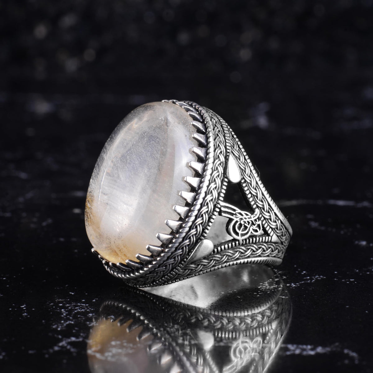 KAMBO Men's Natural Stone Ring – 925 Sterling Silver Large Statement Ring – Handmade Ottoman Pattern Jewelry (Rutilated Quartz-2) — 5
