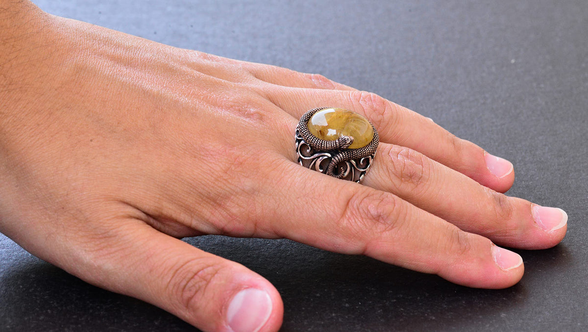 925 Sterling Silver Men's Ring - Gold Rutile Quartz Stone — 6