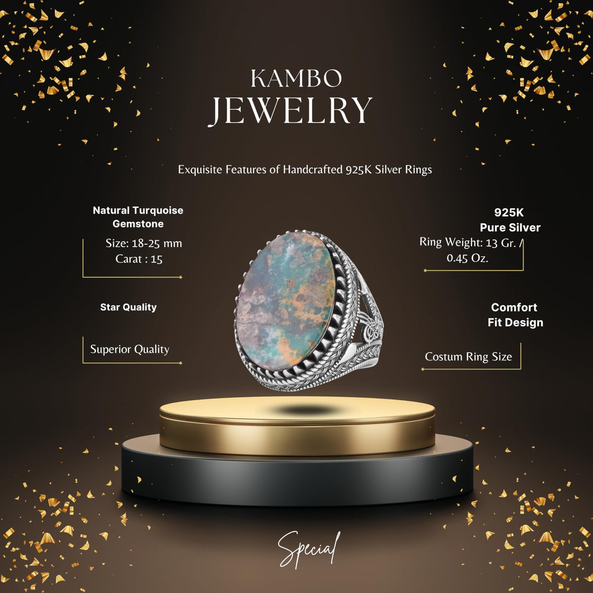 KAMBO Natural Turquoise Stone Large Men's Ring 925 Sterling Silver Oval Cabochon Ottoman Tugra Engraved Handmade Statement Ring (Turquoise-1) — 2