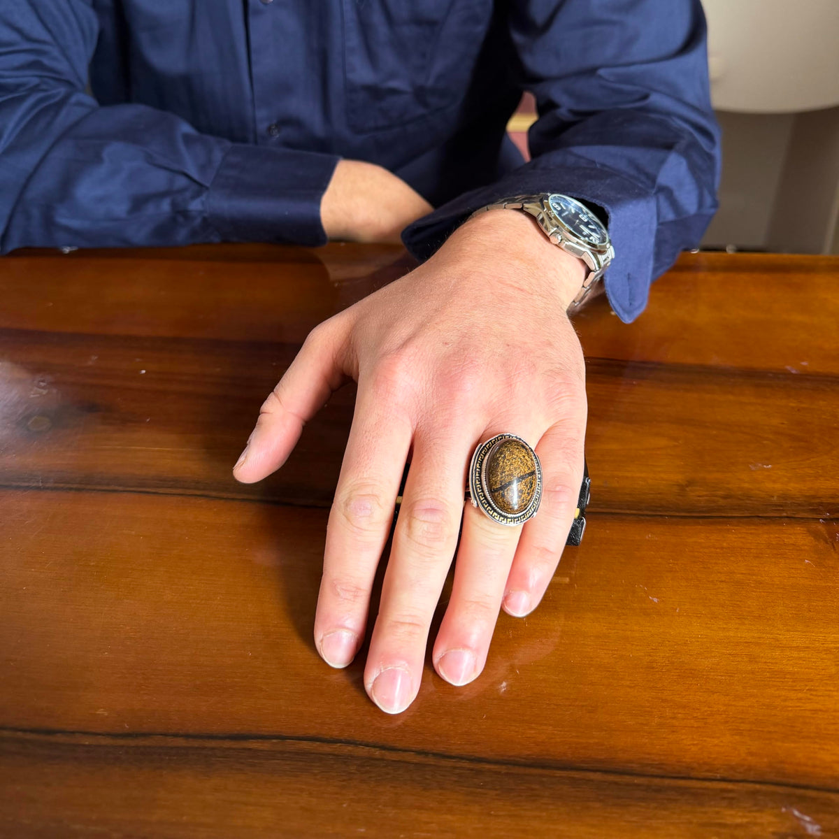 KAMBO Men's Genuine Natural Stone Ring – 925 Sterling Silver Large Statement Ring – Handmade Vintage Design – Dark Silver Ring (Bronzite) — 3
