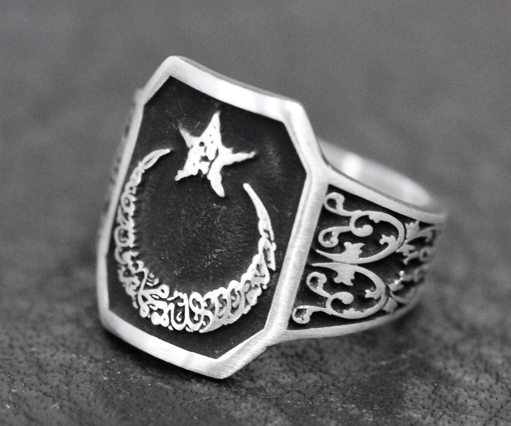 925 Sterling Silver Men's Ring - Moon and Star Design - Elegant Islamic Jewelry — 5