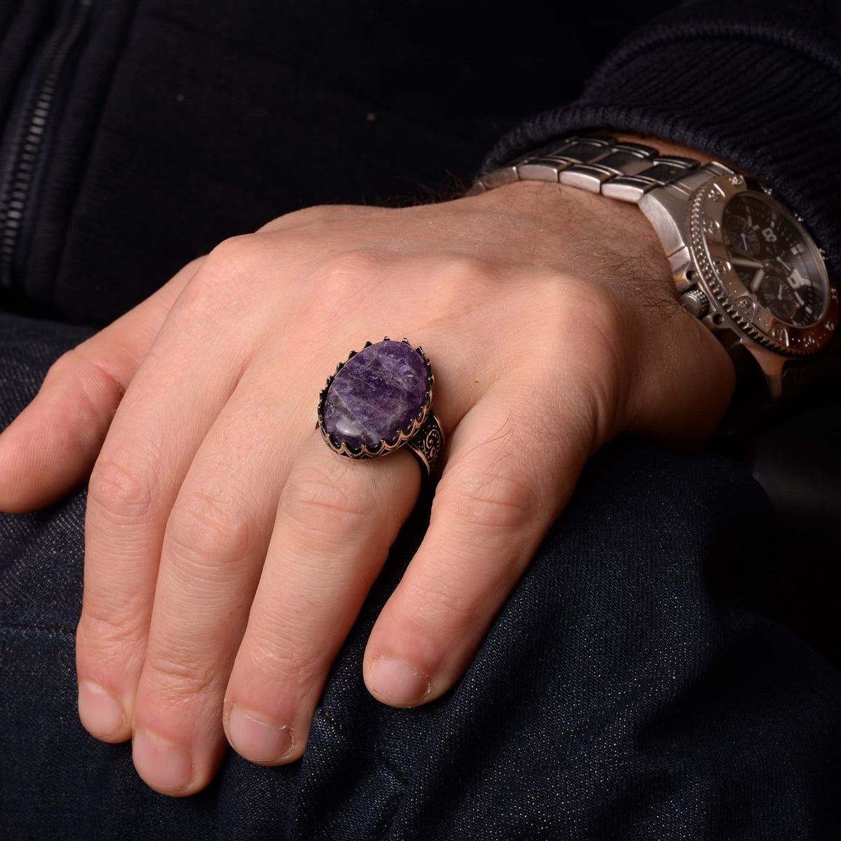 Natural Stone Ring - Handcrafted 925 Sterling Silver Ring — 7