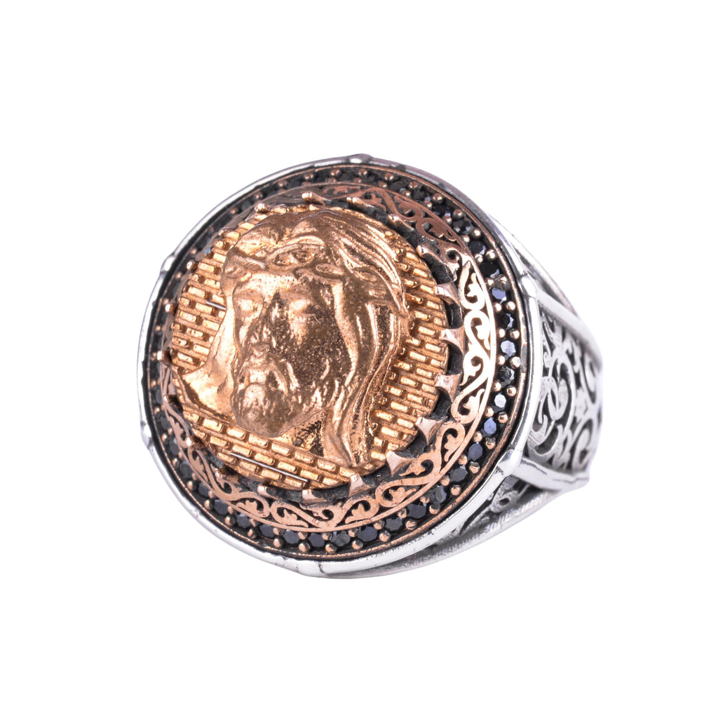 KAMBO Symbol Ring for Men 925 Sterling Silver Round Ring with Bronze Detail Handmade Ottoman Style Statement Jewelry (Jesus Christ Head)