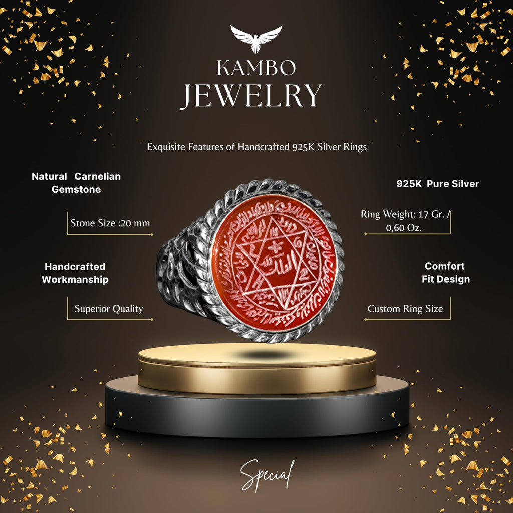 KAMBO Handcrafted Arabic Ring with Carnelian Stone, Sterling Silver Men's Ring - Solomon Star Emblem, Symbol of Courage 