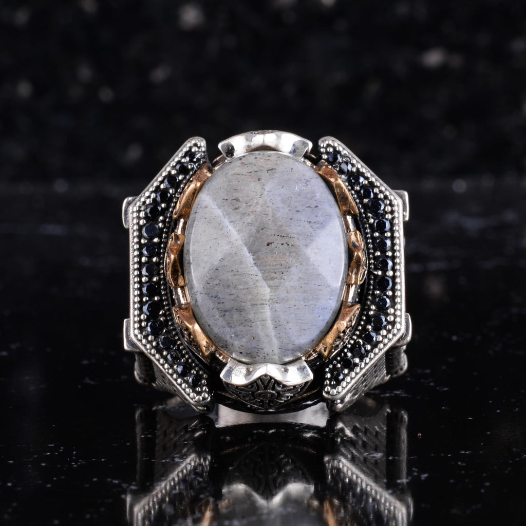 Natural Labradorite Men's Ring 925 Sterling Silver Geometric Frame Black Stone Details Bronze Accents Handmade Statement Ring — 4