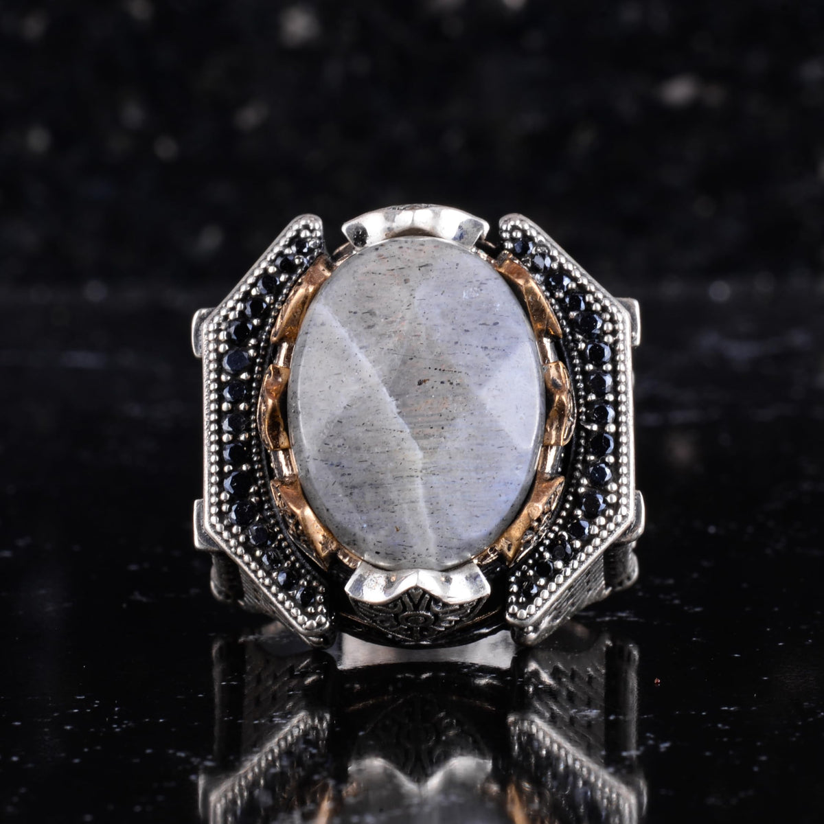 Natural Labradorite Men's Ring 925 Sterling Silver Geometric Frame Black Stone Details Bronze Accents Handmade Statement Ring — 4