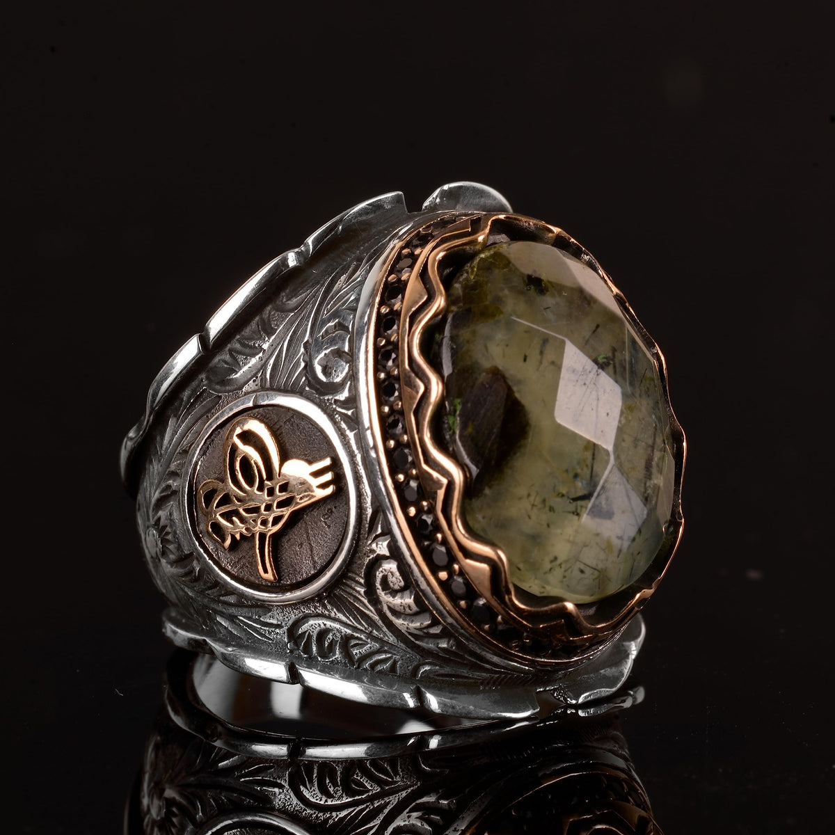 Natural Jade Prehnite Stone Ring, 925 Sterling Silver, Handmade Ottoman Ring — 4