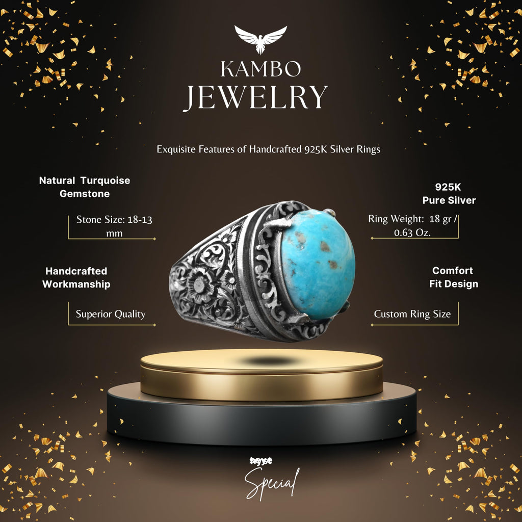 KAMBO Handmade Men's Ring with Natural Turquoise Stone in 925 Sterling Silver, Vintage Style-1 Design, Statement Jewelry