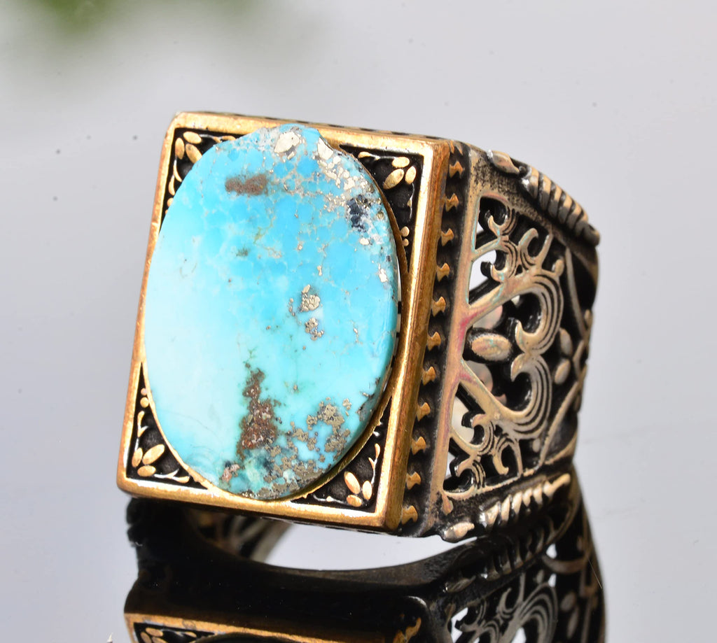 Natural Arizona Turquoise Stone Men's Ring - Silver — 3